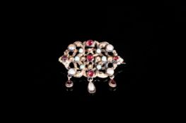 Austria / Hungarian 2nd Empire Silver Gilt Brooch Set with Turquoise / Seed Pearls and Garnets. 1.