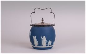 Wedgwood Biscuit Barrel with relief decoration of Classical figures in a garden setting. With silver