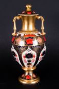 Royal Crown Derby Old Imari Pattern Twin Handle Lidded Vase. Pattern Num.1128, Date 1998. 8 Inches
