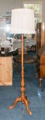 Early 20thC Turned & Carved Walnut Standard Lamp, Tripod Base, Silk Shade