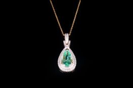 A Ladies Very Fine Pear Shaped Emerald & Diamond Pendant Drop set in 14ct gold. The single stone