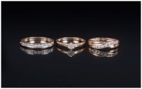 3 Ladies 9ct Gold Rings Comprising A Cross Over Band Set With CZ , Ring Size O, A Hinged Diamond Set