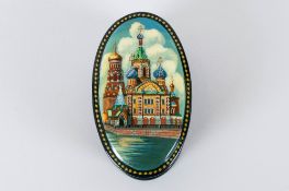 Fine Quality Oval Shaped Russian Lacquer Table Box hand painted depicting beautiful scene of Russian