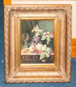 Framed Print Depicting Still Life Fruit On Table In Broad Gilt Frame, The Whole 26x22 Inches