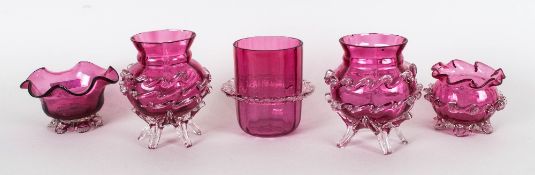 Victorian Cranberry Glass Vases / Bowls ( 5 ) In Total. All c.1870's. Heights 2.5 - 4 Inches. All In