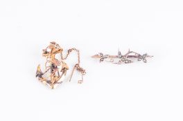 9ct Gold Bar Brooch Depicting Central Dove Between 2 Leaves All Set With Split Seed Pearls, Fully