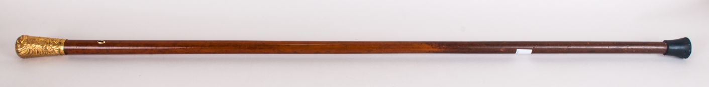 A Mid 19thC Good Quality Embossed and Ornate Gilt Metal Topped Maple Walking Cane 36 inches in