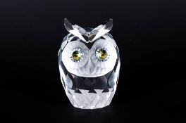 Swarovski Cut Crystal Large Owl Figure. Glass Eyes, Marks to Underside of Figure. Stands 2.75 Inches