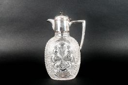 Victorian Silver and Hand Cut Crystal Claret Jug, Having a Plain Round Mount and Hinged Dome Lid