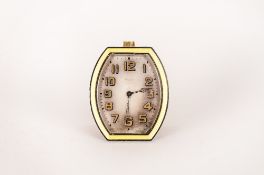 Art Deco Enamelled Travelling Strut Clock, Barrel Shaped Silver Case With Guilloche Enamel Border,
