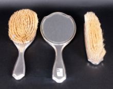 Ladies - Fine 3 Piece Silver and Tortoiseshell Vanity Set. Comprises Hand Mirror and Two Brushes.