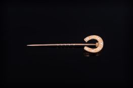 Victorian 9ct Gold and Seed Pearl Horse Shoe Stickpin, with Period Box.
