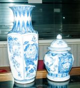 Chinese 20thC Blue And White Vase With Floral Decoration, Height 14 Inches Together With A Blue