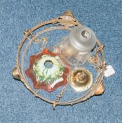 Mixed Lot Comprising A Cast Brass Mount For Ceiling Light, Single Etched Shade And Single Coloured