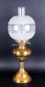 Antique Brass Twin Wick Table Oil Lamp, with Etched and Frosted Shade on Splayed Base. Stands 21.5