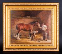 Ruth Gibbons 1945 - Blacksmiths Horse, Changing a Shire horses Shoe - Oil on Canvas. Signed. 9.5 x