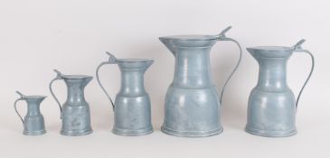 Set Of 5 Graduating Pewter Lidded Measuring Jugs, Stamped PELTRATO To Base