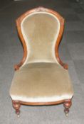 Victorian Walnut and Upholstered Companion Occasional Chair on Turned Legs with Castors. c.1860's.