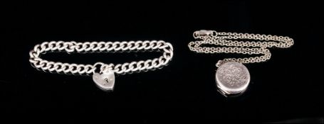 A Silver Curb Bracelet with Heart Shaped Clasp. 7 Inches In Length + A Silver Hallmark Circular