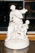 Continental Bisque Figure Group Depicting A Classical Maiden Beside 2 Cherubs, Height 10 Inches