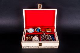 Cream Jewellery Box Containing A Small Quantity Of Costume Jewellery To Include Brooches, Beads,