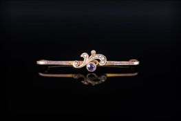 Victorian 9ct Gold Sapphire and Seed Pearl Set Brooch. c.1880's. Marked 9ct. 2 Inches Wide.