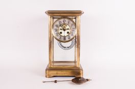 French Late 19th Century Corniche Cased Four Gilt Metal and Glass Panel Mantel Clock with 8 Day Twin