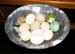 Collection Of 12 Polished Hard Stone Eggs, Mixed Colours Together With A Polished Fossilised Stone