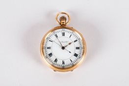 Antique Fine 18ct Gold Open Faced Pocket Watch features a white porcelain dial and black numerals,