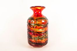 Mdina - Glass Vase, Ruby Red with Blue Overlay. c.1960. Mdina Etched to Base. 8.5 Inches High.