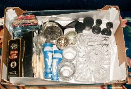 Box of Assorted Collectables including ebony , glass ware, silver plated ware, Wedgwood bud vases,