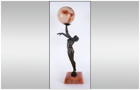 Iconic & Impressive Art Deco Spelter Figural Lamp Circa 1930. The Spelter Cold Painted In Green/