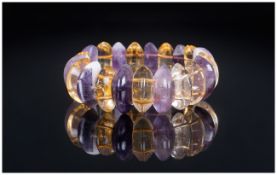 Natural Amethyst and Citrine Bracelet, alternating semi-circular beads of  cabochon cut purple