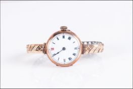 Ladies 9ct Gold Wristwatch, White Enamel Dial, Roman Numerals, Manual Wind, Expandable Bracelet