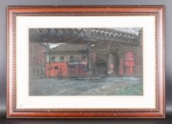 John Mackie 1953 - Early 1980's Study of an Unused Train Station In Glasgow. Pastel, Signed. Mounted
