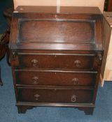 Early 20thC Dark Oak Bureau, Fall Front With Fitted Interior Above 3 Long Drawers, Raised On Bracket