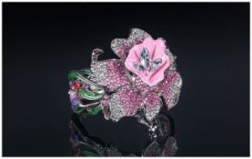 Pink and White Crystal Corsage Style Bangle, a hinged bangle with a pink enamel, graduated pink