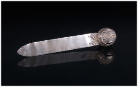 German Silver Letter Opener with Globular Floral Terminal, Plain Blade Marked 800, Length 4 Inches