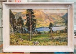 Early 20thC Large Oil On Board Depicting A Mountainous Landscape With Lake, Signed Albert Woods,