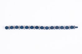Ladies Art Deco Silver Bracelet Set With Round Blue Paste Faceted Stones In A Scroll Engraved