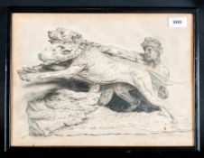 Rob Butler Framed Pencil Sketch Depicting A Muscular Middle Eastern Holding Back 2 Hunting Dogs,