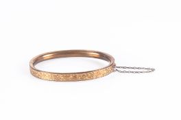 19th/Early 20thC Gilt Metal Hinged Bangle, With Etched Foliate Design, Safety Chain, Stamped TH,