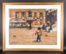 John Mackie 1953 - Large Continental Sunlit Terrace with Figures. Pastel. Signed and Dated 97. 23