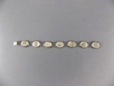 Chinese Silver and Mother of Pearl Bracelet with Gold Applied Script to Each Panel, Marked Silver.