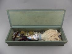 Early 20thC Glove Box Containing A Small Collection Of Oddments And Costume Jewellery Comprising