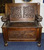 Oak Carved Monks Bench, Carved Table Top With Stylised Lion Armrests,