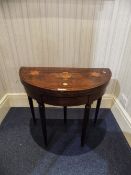 Victorian Rosewood Demi  Lune Card Table The Foldover Top With Later Inlay Work Raised On Turned