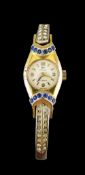 Art Deco Swiss Jovial Gold Plated Manual Wind Ladies Wristwatch inset with white and blue faceted