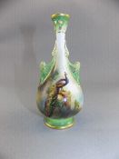 Royal Worcester Twin Handle Hand Painted Small Vase with Painted Images of Peacocks In a Woodland