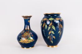 Carlton Ware Vases ( 2 ) In Total. 1/ Mikado Pattern on Blue Ground. 6.75 Inches High. 2/ Leaf